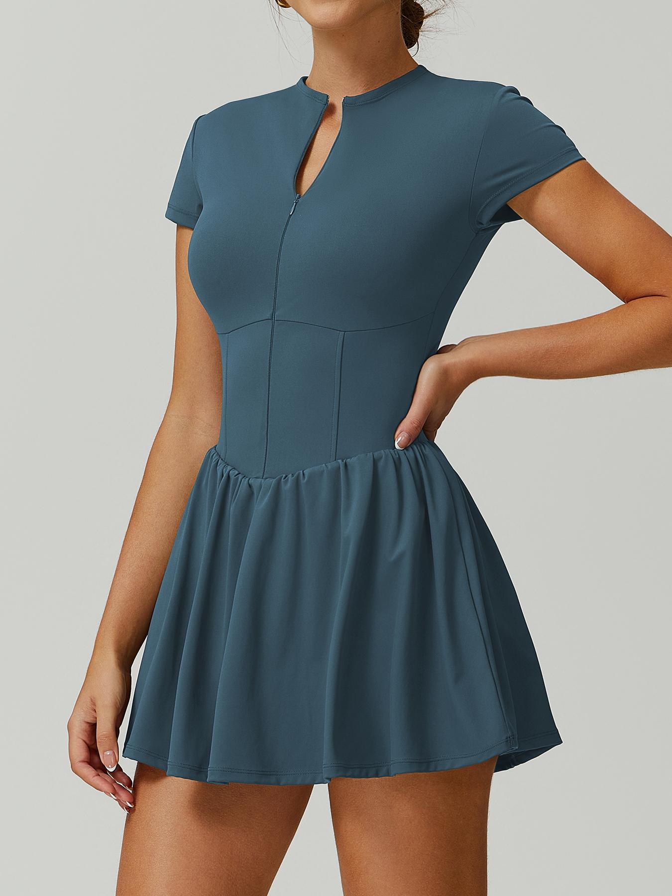 Women's Sporty Zipper Waist Golf Tennis Dress Skirt, Above Knee Tight-Fit Short Sleeve Summer with Storage Pockets Golf Athletic Dress