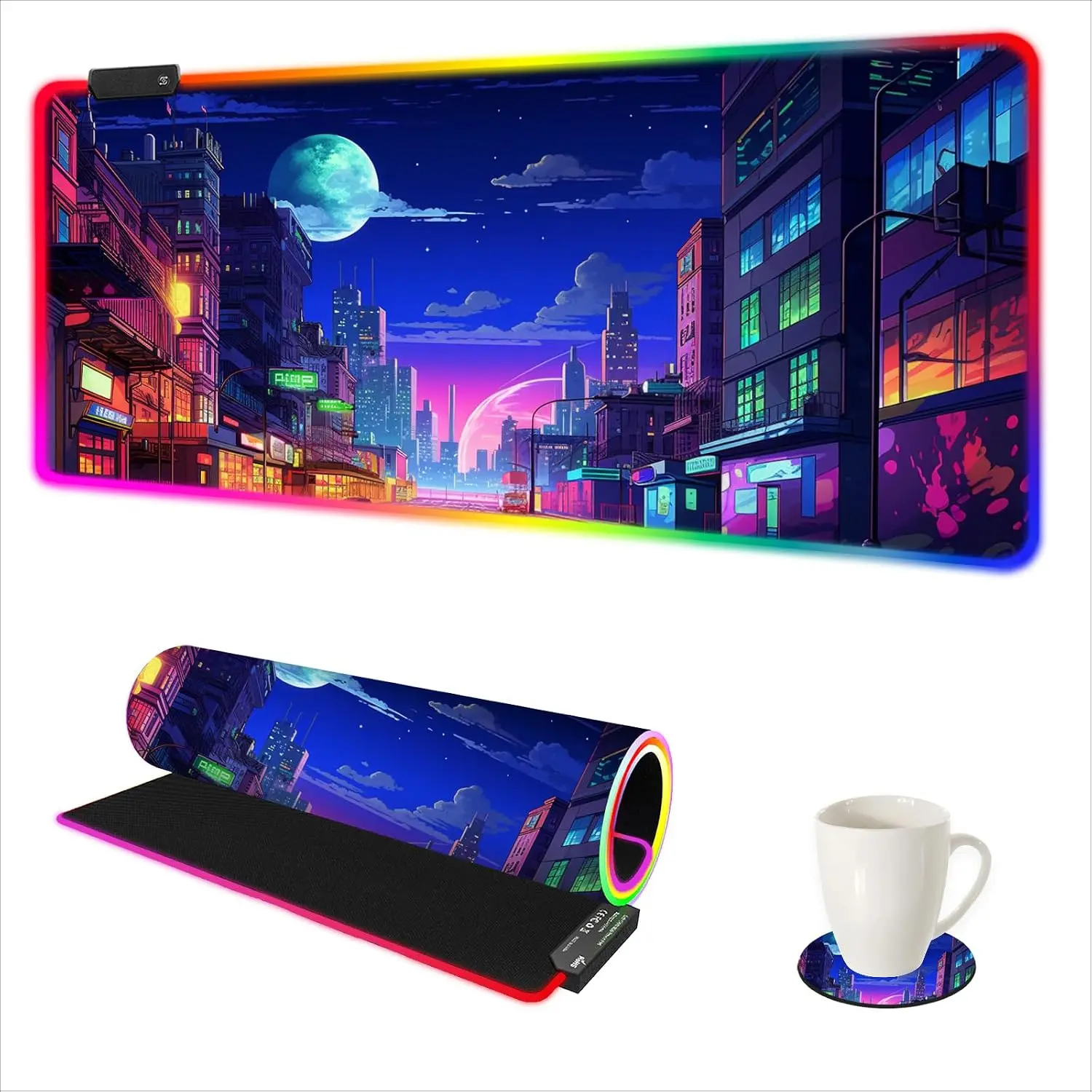 RGB Gaming Mouse Pad - Large Synthetic PC Accessory with 14 LED Light Modes, Non-Slip Rubber Base, Gamer Stuff for Modern Urban Night Scene Desk Setup