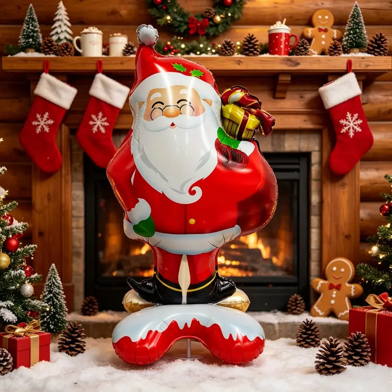 3D Standing Santa Claus Balloon, Handheld Gift Box with Snow Base, Cartoon Festive Christmas Style, Ideal for Home Decor, Party Decoration