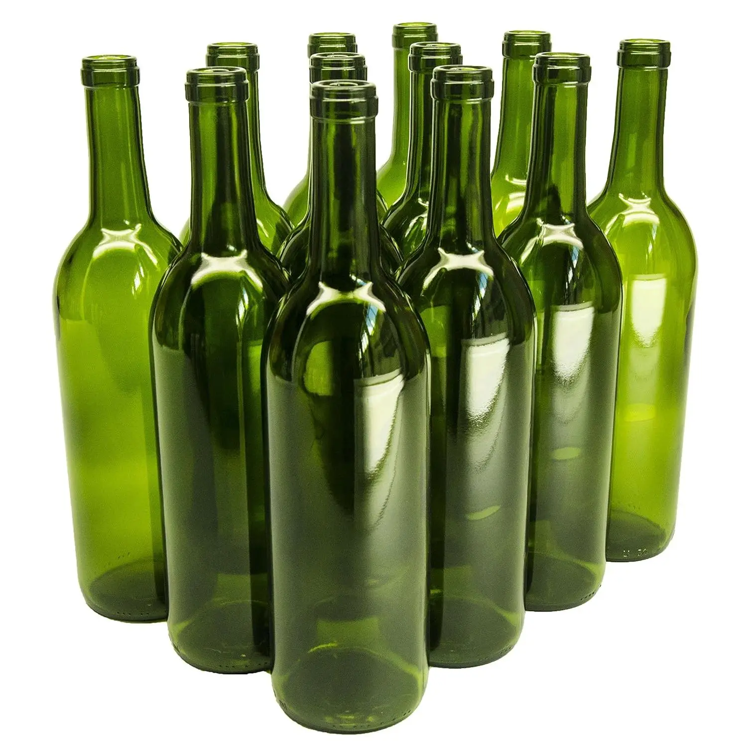 W5CG 750ml Glass Bordeaux Wine Bottle Flat-Bottomed Cork Finish - Case of 12 - Champagne Green