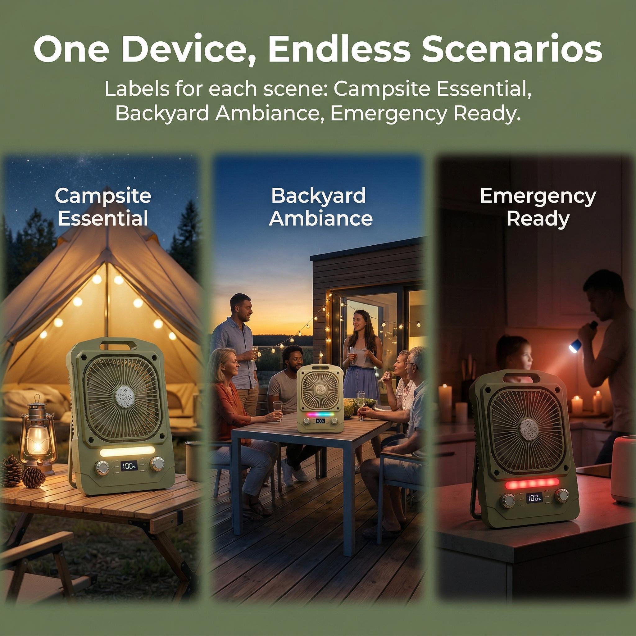 Fan + Speaker + Light in OnePortable Camping Fan with 100 Speeds, Bluetooth Audio, SOS Light, Timer & Hanging Design