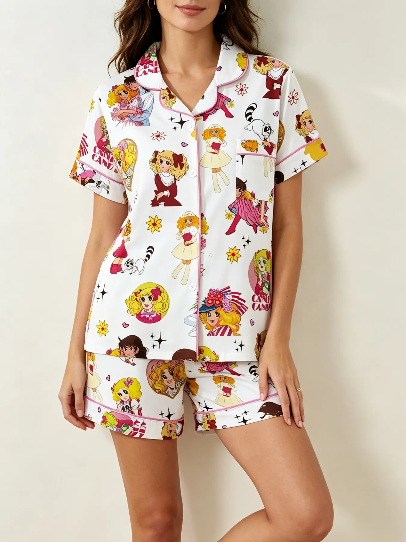 Vintage Girl Anime Bear Flower Heart Star Print Pajama Set, Short Sleeve Button Front Top & Elastic Waist Shorts, Casual Home Wear