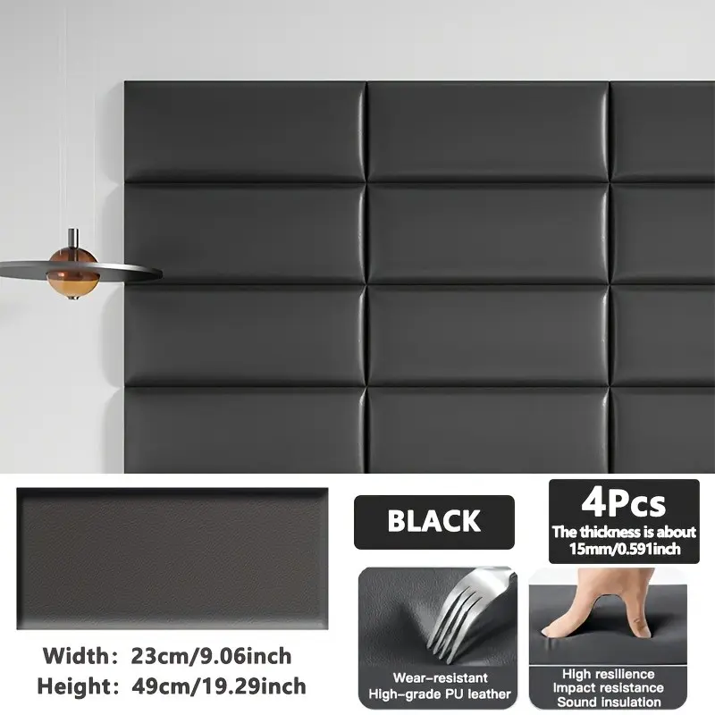 4pcs 3D Self-Adhesive Soft Wall Protectors, Leather Material, Comfortable, Easy Installation, Impact Resistant, Sound Insulation, Ideal for Bed Head Background, Taekwondo Gym, TV Background Walls