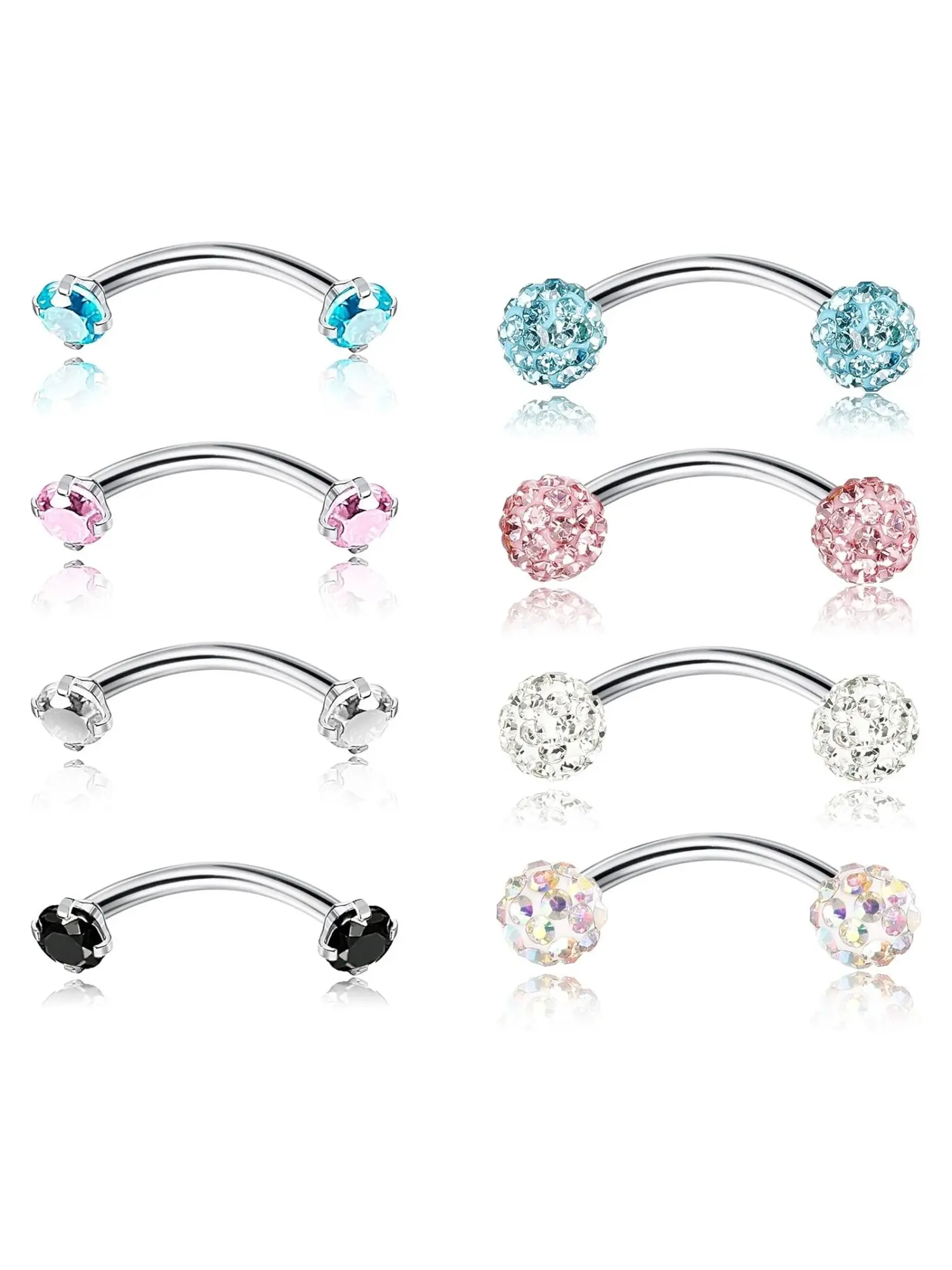 8 Pcs Colorful Stainless Steel Curved Barbell Body Jewelry Piercing Set for Women Men Hypoallergenic Multi-Color Piercing Studs for Eyebrow Belly Lip Tragus Helix Piercings Sparkling CZ in Black Clear Pink Blue Colors Comfortable Secure Fit for Daily Wear