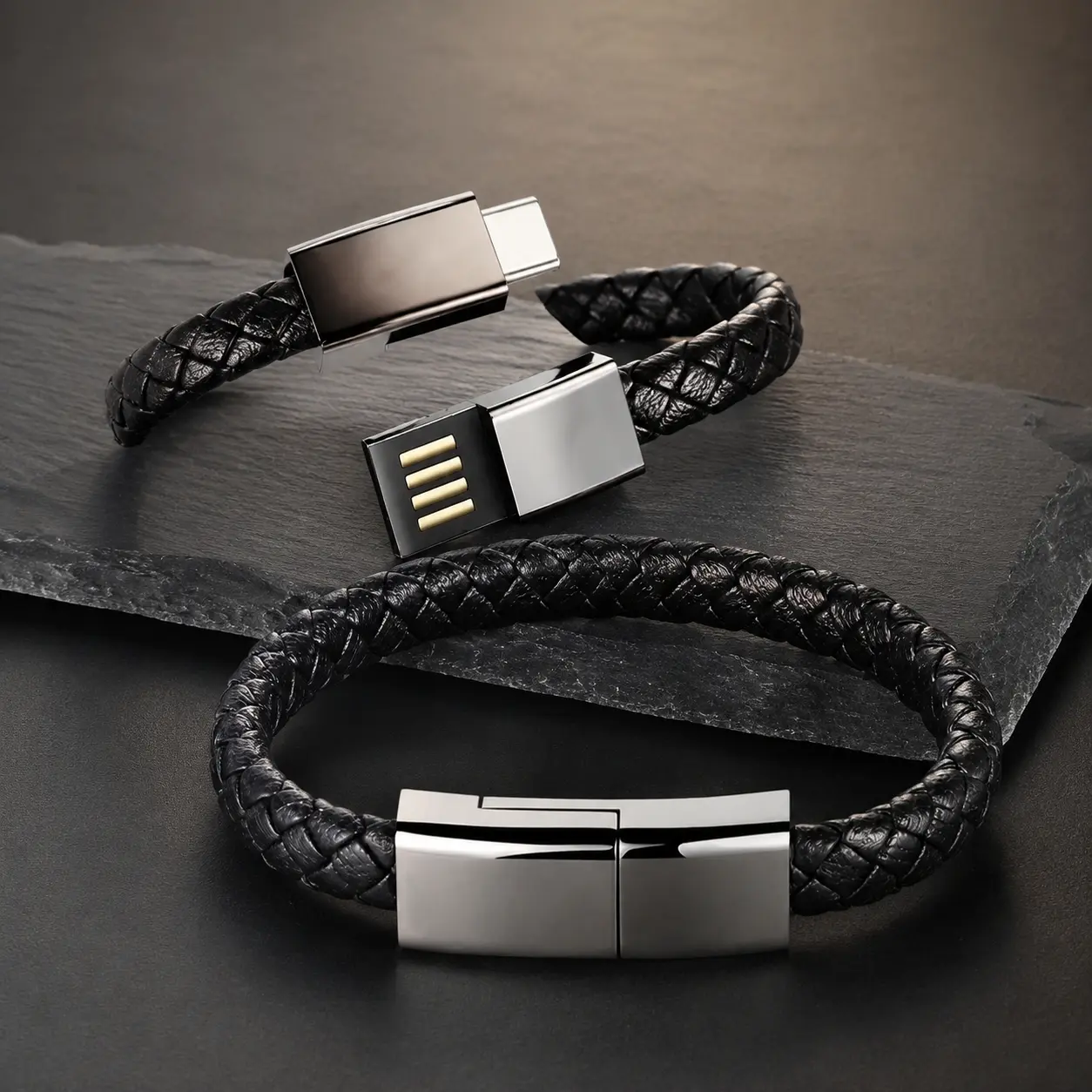 Portable Woven Bracelet Charging Cable | Fast Charging Type-C Wearable Wrist Cord | Durable Leather Tangle-Free Travel Charger for On-the-Go