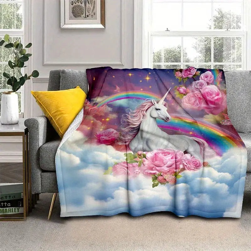 1pc Romantic Rainbow Unicorn Thin Blanket - Lightweight Flannel Throw For Sofa, Bed, Travel, Camping, Livingroom, Office, Couch, Chair, And Bed - Digital Printing Fleece Blanket With Soft And Warm Flannel Fabric