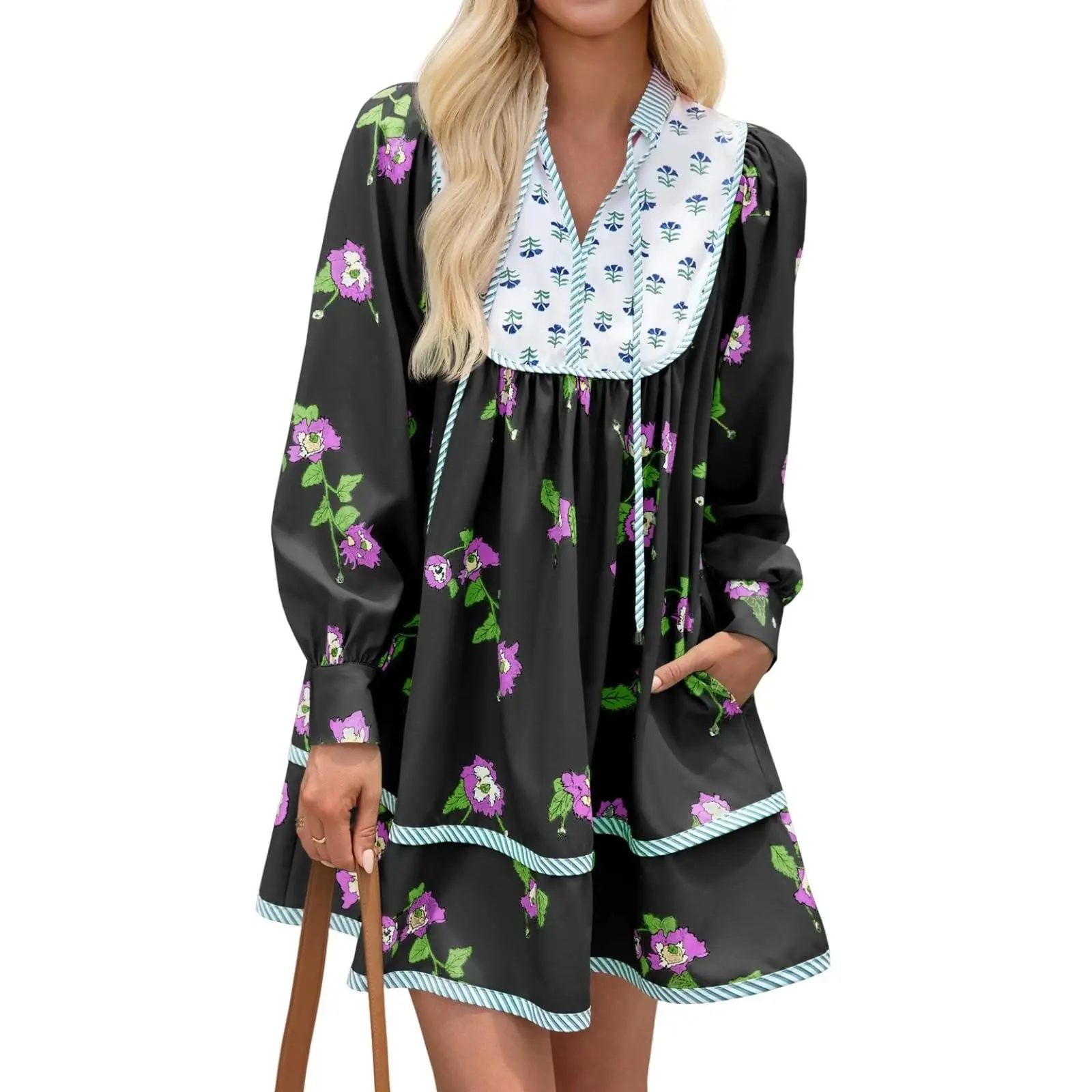 Women's Polyester Fabric Casual Wear Boho Bohemian Style Modest Fall Long-Sleeve V-Neck Floral Print Patchwork Loose Short-Length Shirt Dress, Modest Fashion, Dress Shirt, Ditsy Floral, Elastane, Boho Floral Print Casual Dresses
