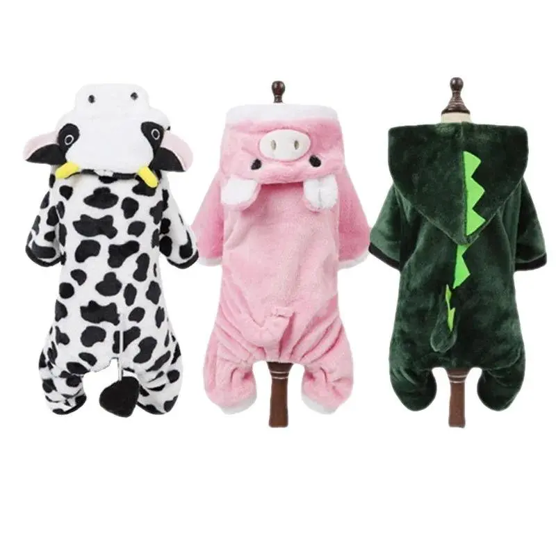 Cute Animal Print Pet Jumpsuit Pajama - Dinosaur, Cow, Pig Designs, Coral Fleece Winter Warm Overalls for Small Dogs & Cats (Yorkies, Poodles), Adjustable Belly Strap, Fun & Stylish Designs