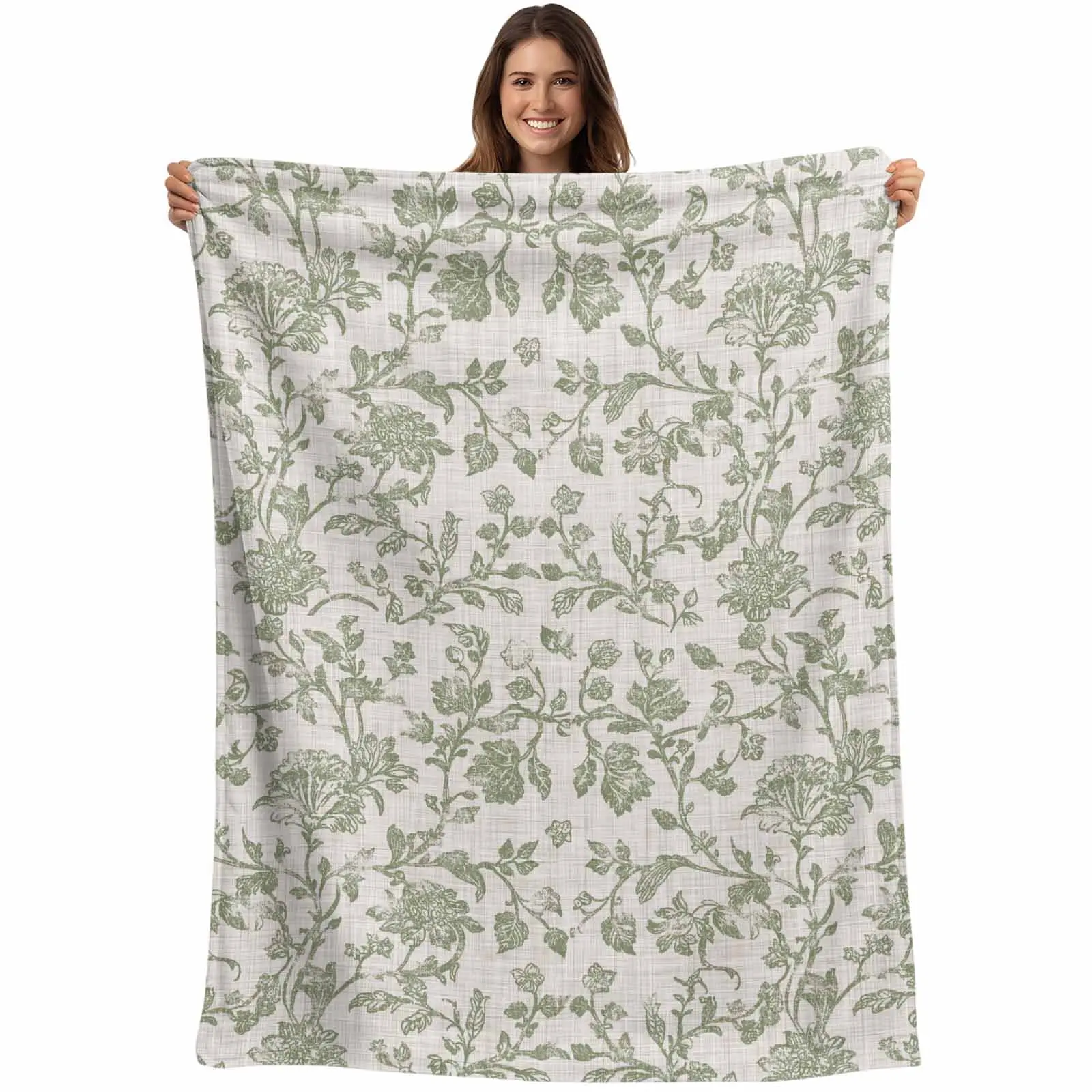 Farmhouse Sage Green Cotton Fleece Flannel Throw Blanket - Soft, Cozy Couch, Floral Leaf Vintage All-Seasons Lightweight Gift for Women, 30"x40"