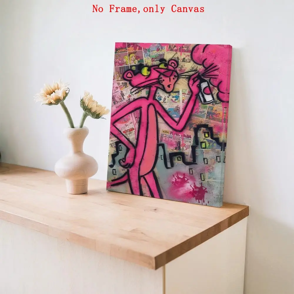 Cartoon Graffiti Wall Art, Panther Spray Paint Poster, Pop Art Printing, Graphic Prints, Vibrant Cartoon Print, and Canvas Decoration, Living Room & Bedroom Aesthetic, Canvas Material, Unframed, Cartoon Lovers, Artistic