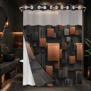 1pc hookless shower curtain, Bathroom Curtain, with buckle lining, brown and black geometric square patchwork design, 2D flat printing, fabric waterproof lining, see-through double-layer, 71 x 74 inches, modern home curtain, Bathroom Decor
