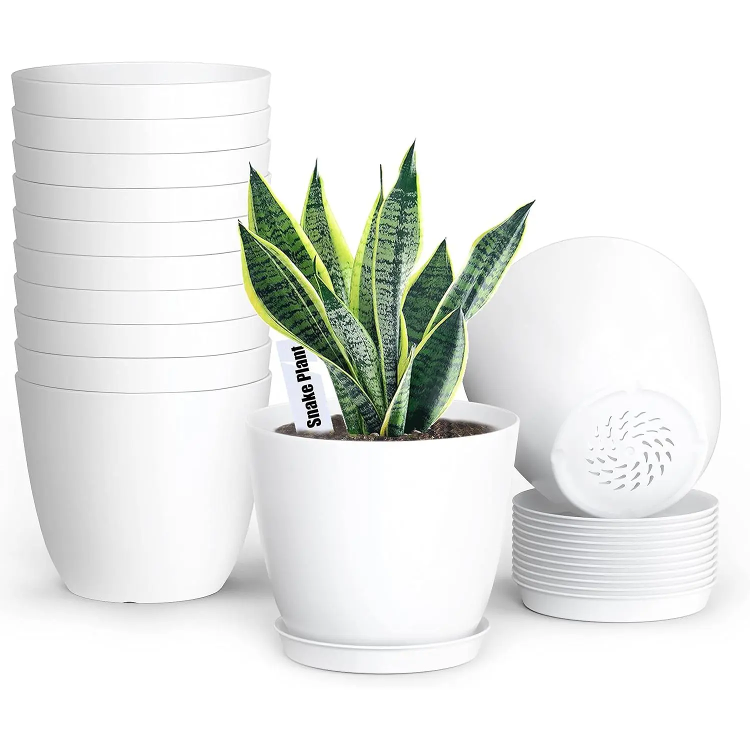 12-Pack 6-in Modern PP Synthetic Round Plastic Planters with Drainage Holes, Saucers, Soil Ventilation for Indoor & Outdoor Use, White