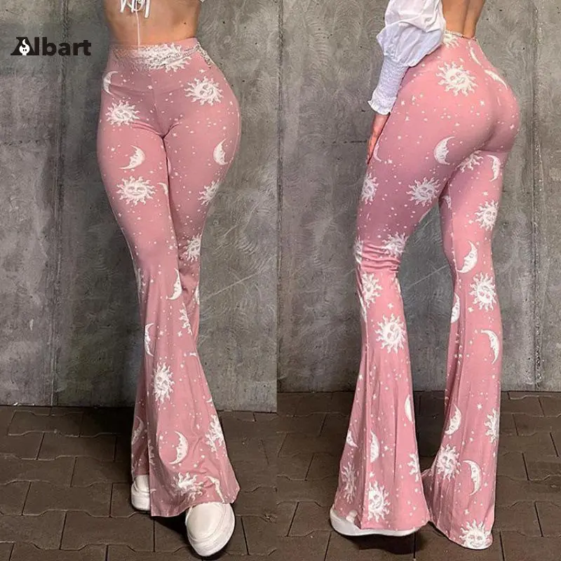 Women Floral Print High Waist Micro Flare Leggings, Soft Stretch Slim Bootcut Yoga Pants, Elegant Flower Pattern Flared Trousers For Gym Workout, Daily Street, Vacation Casual Lounge Outfits