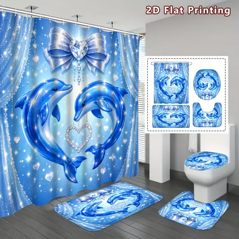 4-Piece Dolphin Romantic Printed Shower Curtain Set, Shiny Blue Dolphin with Love and Bow Bathroom Decoration, Including Floor Mat, U-Shaped Mat, Toilet Cover, Ocean Love Theme, Home Decoration, Bathroom Accessories