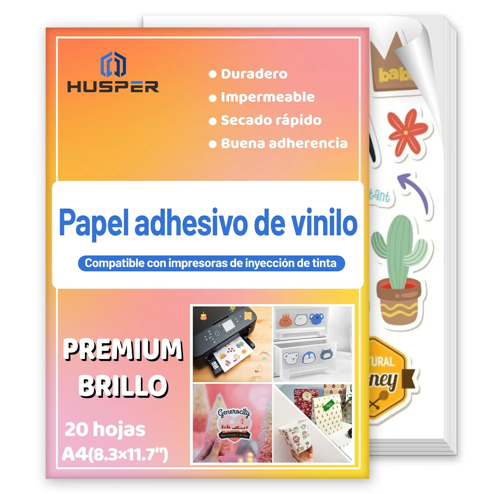 20 Sheets A4 Glossy Vinyl Sticker Paper, 21×29.7cm (8.3x11.7"), Compatible with Inkjet Printer, Self-Adhesive & Waterproof, Perfect for DIY Crafts