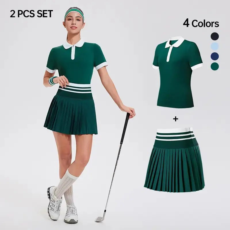 Golf Skirt Sets Workouts Outfits for Women Two Pieces Zipper Polo Shirts Short Sleeve with High Waist Skirts Two Piece Skirt Set Athletic 2 Piece Outfits