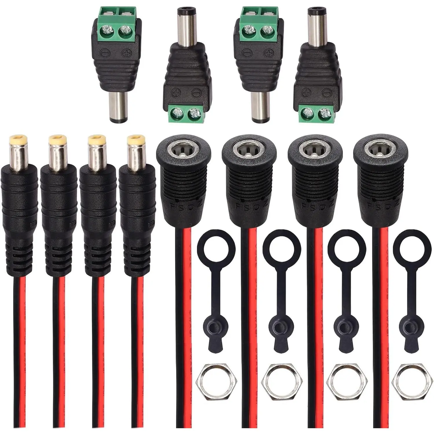 12 count 10A DC Power Jack Cord Socket 5.5x2.1MM Threaded Male and Female Mount Connector Adapter with 15CM 20AWG Pre-soldered Wires  Cover Cap 4Set K-177