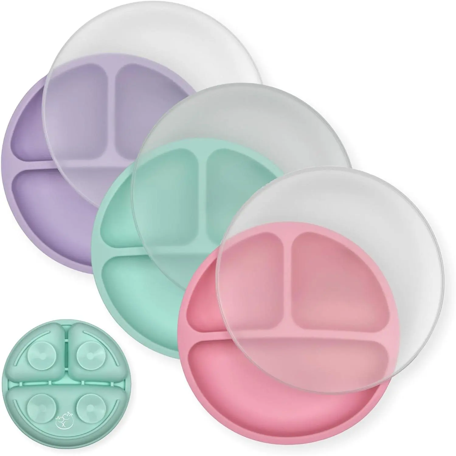 Baby Silicone Suction Divided Plates with Lids - 100% Food-Grade, Microwave & Dishwasher Safe - for Toddlers Picky Eaters - Set of 3 (Pink) New Model Bowl Lid