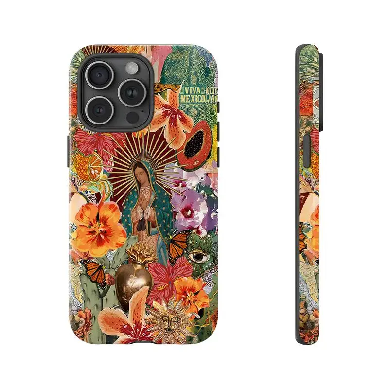 Mexican Virgin of Guadalupe Collage Phone Case | Chicano Folk Art Aesthetic,Compatible for iPhone 17 16 15 14 13 12 11 and for Samsung S21-S25 ,, Ideal Gift for Mexican & Chicano Art Lovers