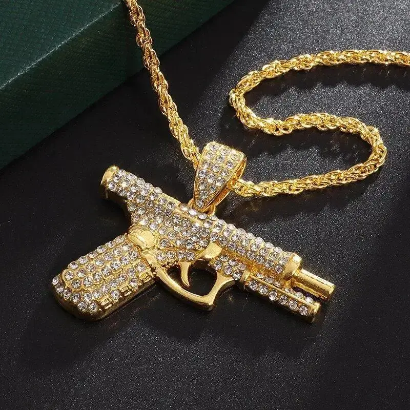 Men's Iced Out Cuban Link Chain with Rhinestone Pistol Pendant, Hip Hop Bling Necklace for Daily Casual Wear