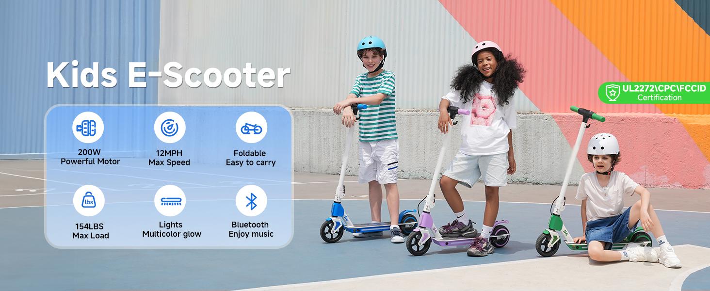 Foldable Kids Electric Scooter Ages 6 - 14, 150W-200W Motor, 3 - Speeds (5/8/12 Mph), Dual Brake, LED Display, Colorful Lights, UL 2272 Certified, 5 - inch Flash Tire, 154lb Max Load