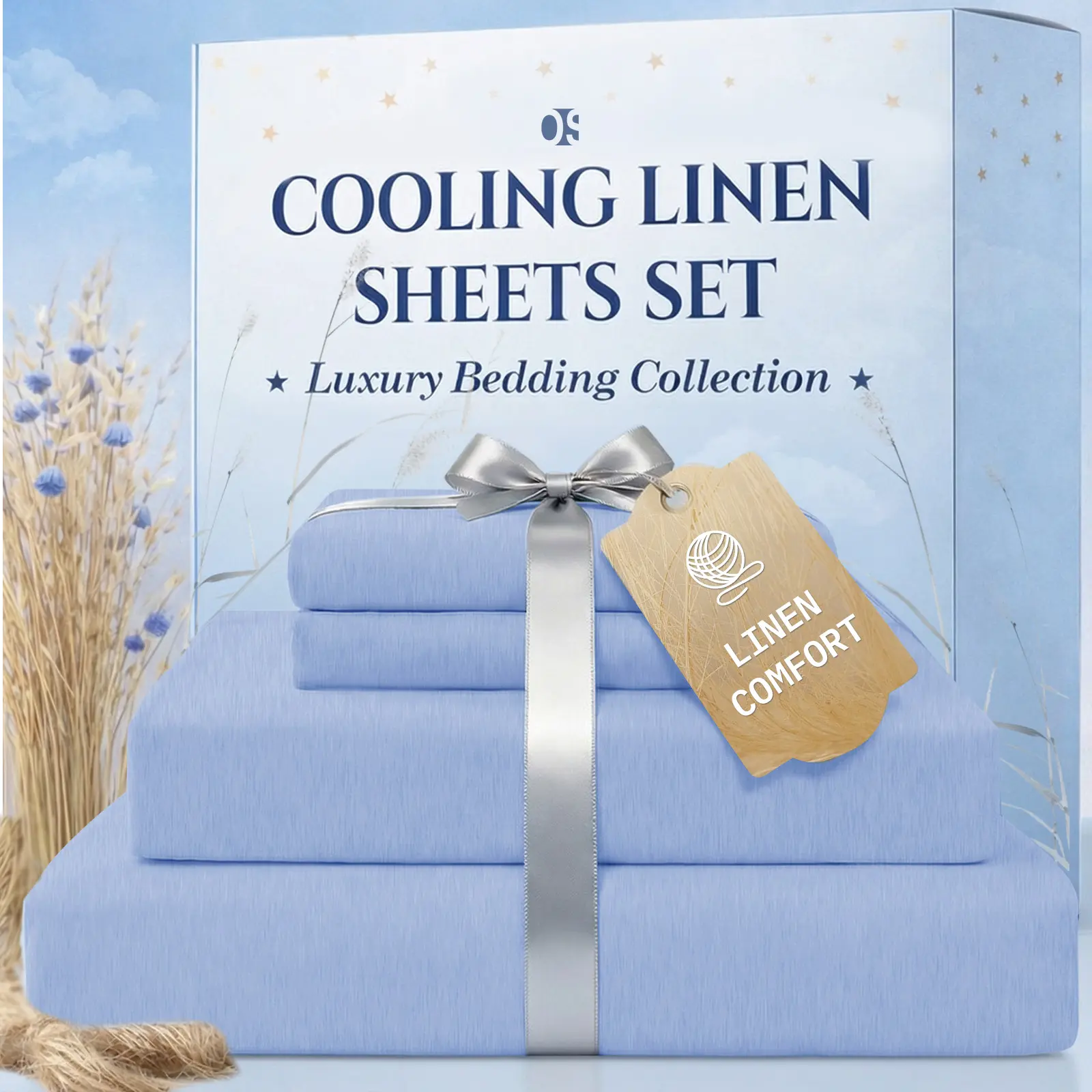 OS OMYSTYLE Cooling Linen Bed Sheet Set - Breathable and Durable Linen Sheets, Ultra Soft Sheet for Hot Sleepers, Deep Pocket, King/Queen/Full/Twin - Perfect Gift For Family