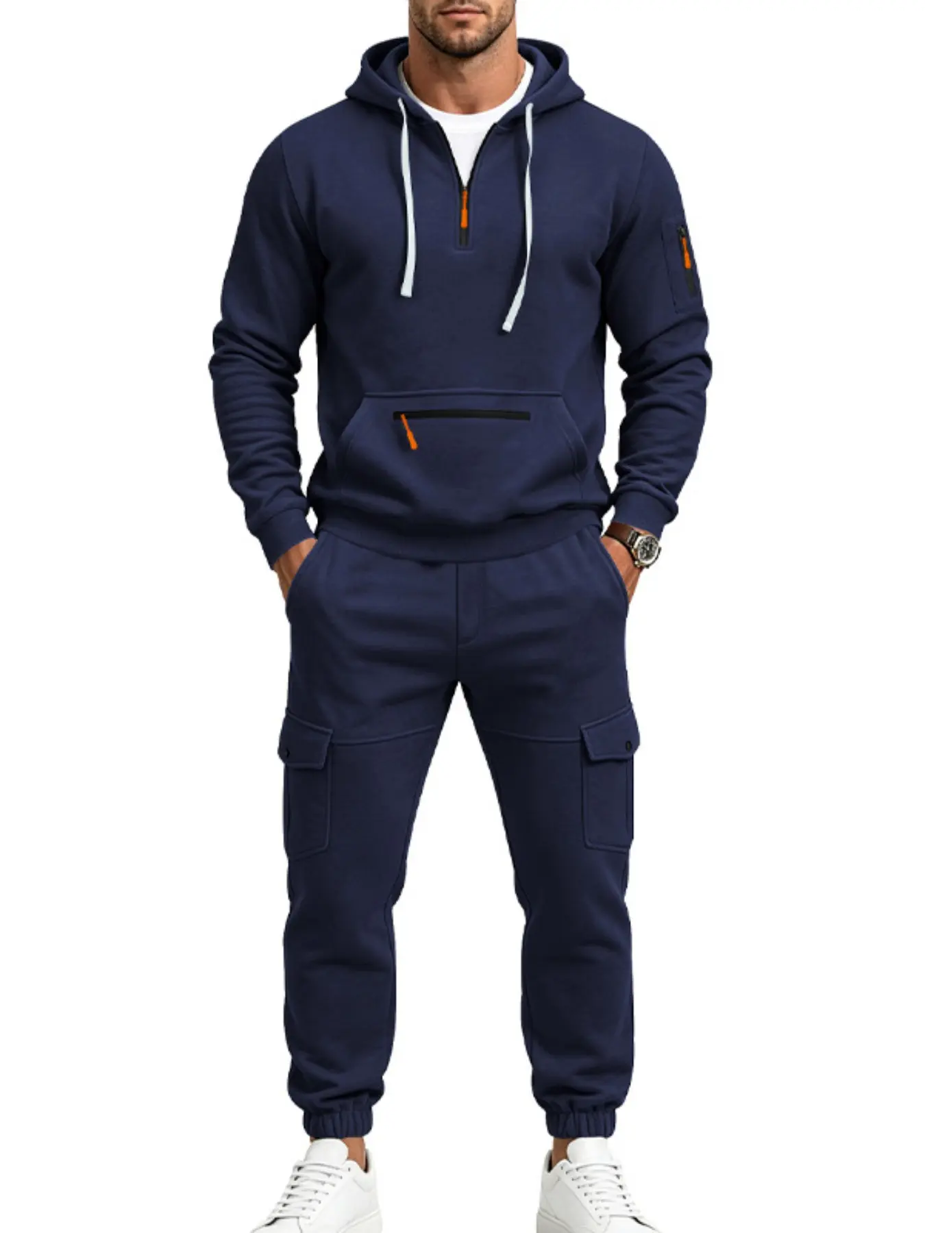 Men's half-zip hooded sweatshirt and cargo pants set - multi-pocketed ankle-closed casual sports outfit - loose and crisp fit - suitable for daily workouts and commuting