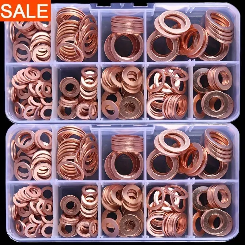 100 Copper Washer Gasket Nuts and Bolt Kits, Heavy Duty Flat Ring Seal Combination, Copper Gasket Marine Gasket with Box - M8/M10/M12/M14 for Oil Pump Plugs