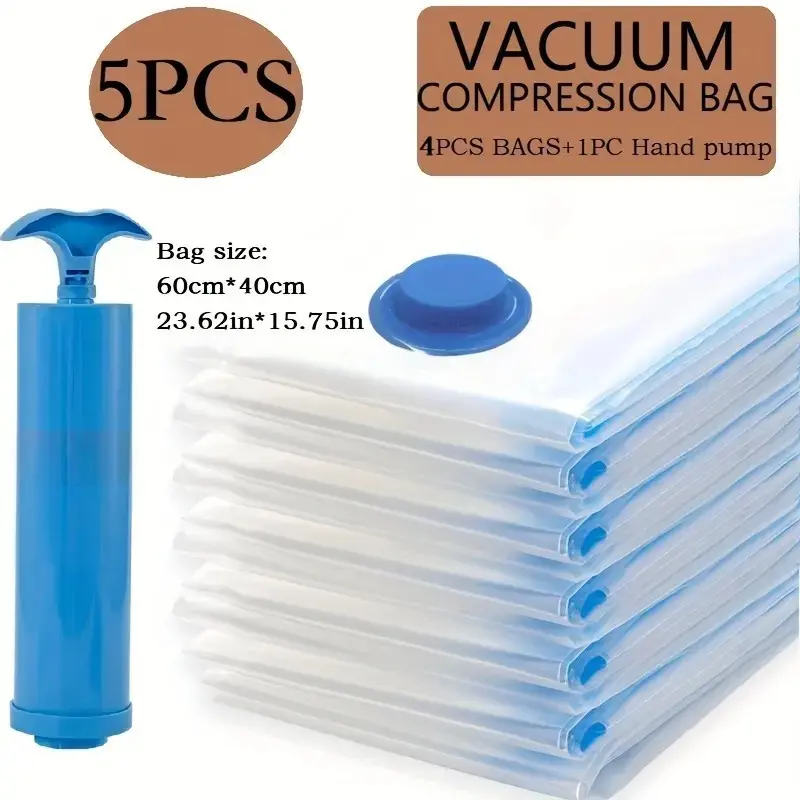 4Pcs Vacuum Compression Bags, Including 1Pc Manual Pump, Are Dustproof and Moisture-proof. They Are Travel Vacuum Storage Bags and Clothing Vacuum Sealing Bags, Suitable for Home and Dormitory Use