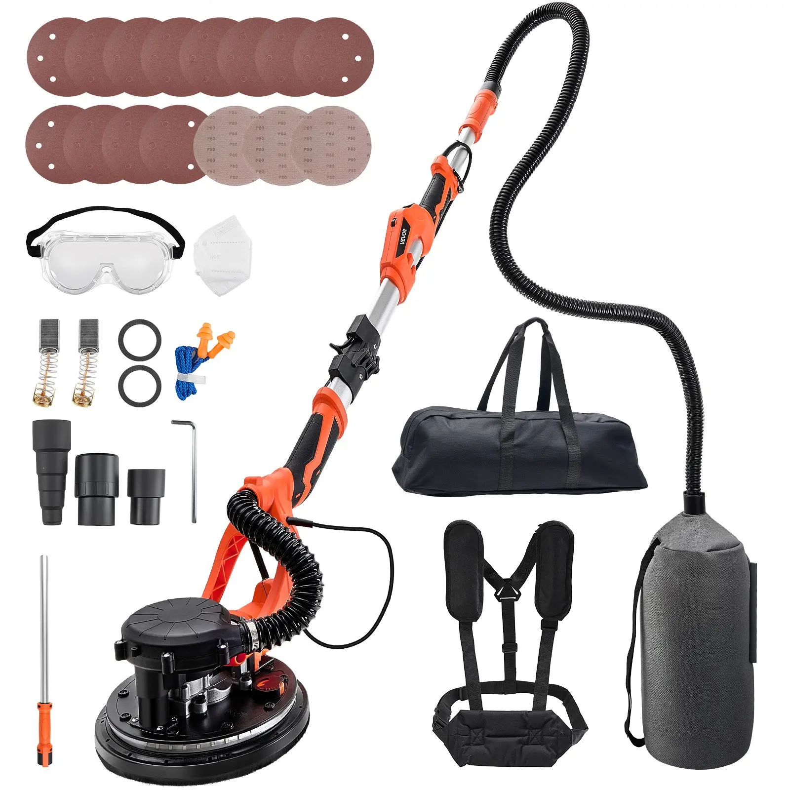 VEVOR 1150W Electric Drywall Sander, Popcorn Ceiling Removal Tool with Vacuum Dust Collection, 5 Variable Speeds (800-1700 RPM), LED Light, Foldable Extendable Handle, 15 Sanding Discs for Indoor Furniture Beds