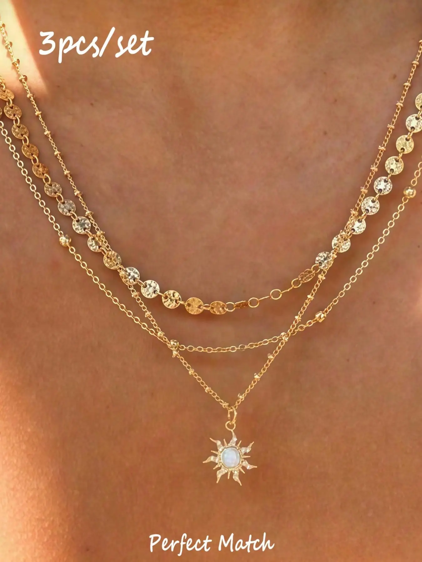 3-Piece Sun Pendant Zirconia Necklace Set for Women, Layered Disc & Beaded Chains, Dainty Boho Necklaces, Stackable Choker Set, Elegant Necklace