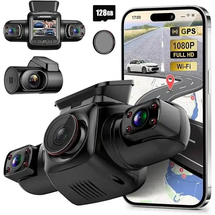 PRUVEEO 360 Degree View 4 Channel Dash Cam Front and Rear Inside Left Right, Dash Camera for Cars with CPL, Built-in GPS WiFi Night Vision, 24/7 Recording Parking Mode Monitor, Free 128G Card, Car Dashboard Camera, Dashcam Car Cameras