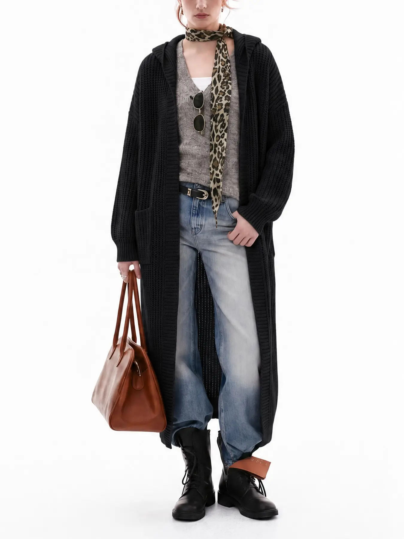 Oversized Hooded Long Knit Cardigan, Loose Thick Knit Maxi Open Front Coat With Pockets, Casual Soft Long Sleeve Sweater Duster Outwear For Women