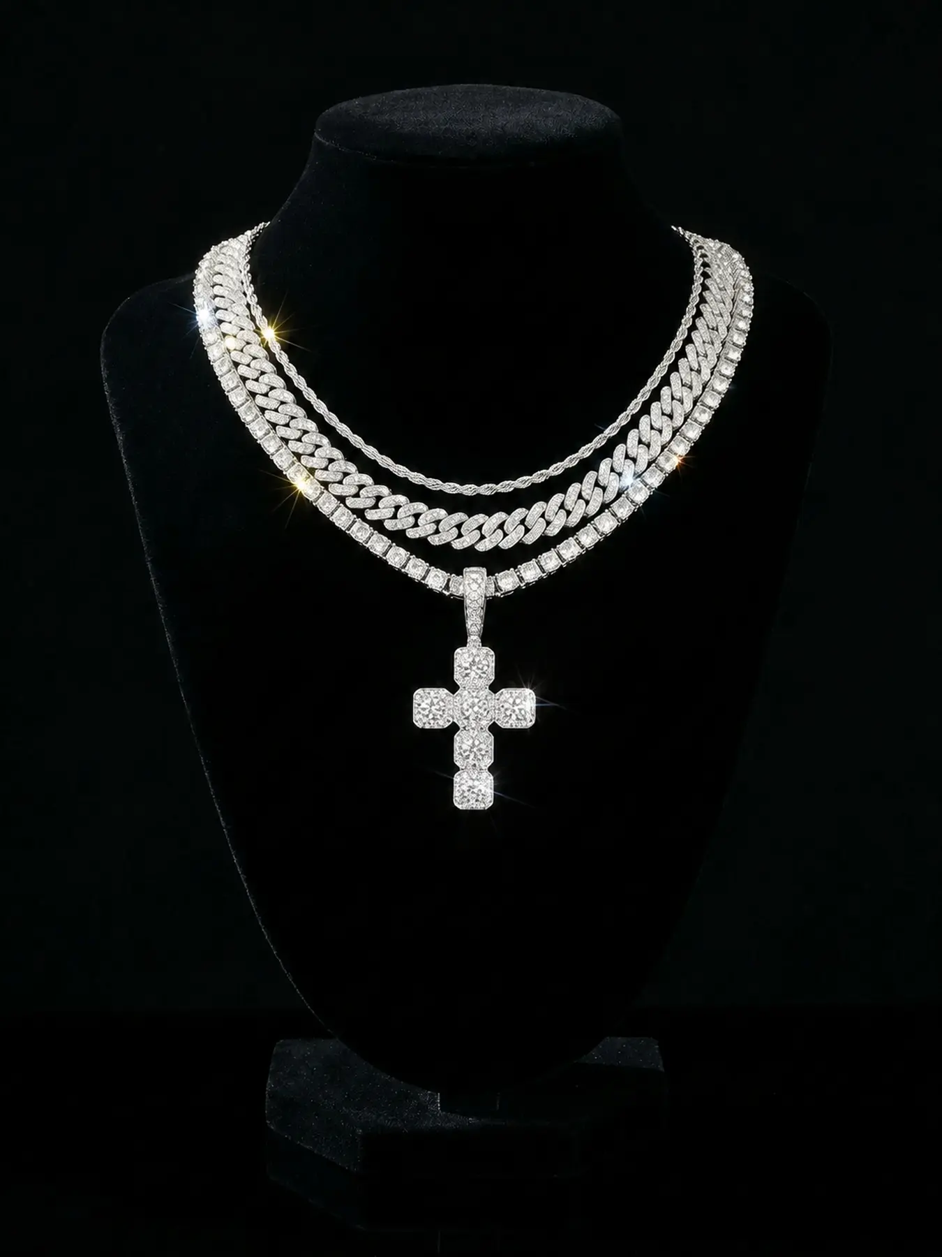 3pcs/set lced Out Cross Pendant Necklace for Men, Layered Cuban Link & Tennis Chain, Hip Hop Fashion Jewelry, Statement Necklace