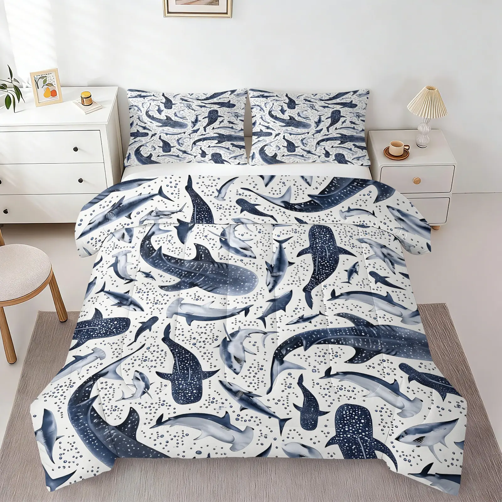 Minimalist Blue Whale Shark Ocean Animal Comforter Bedding Set, 1 Comforter + 1-2 Pillowcases, HD Digital Printed, Soft Comfortable Skin-Friendly Washable Fabric, Fresh Cool Summer Marine Themed Kids Room Decor