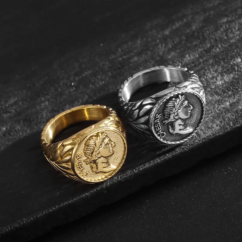 Vintage Julius Caesar Coin Signet Ring, 2 Tone Laurel Wreath Stainless Steel Roman Emperor Band for Men | A Perfect Gift Choice | Waterproof & Corrosion-Resistant Material