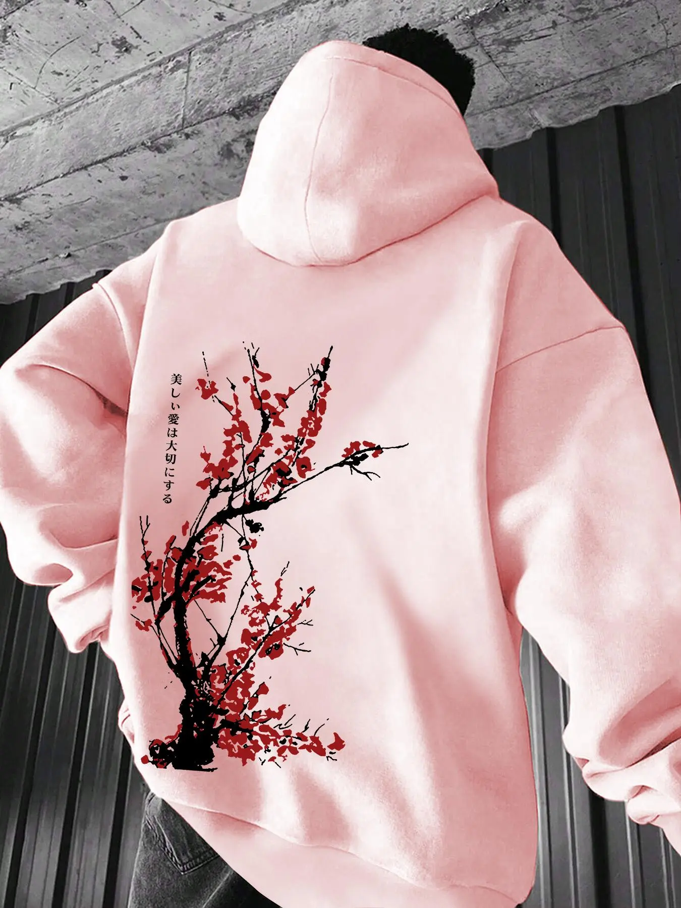 Gender-Neutral Loose Fit Hooded Sweatshirt, Casual Street Style, Long Sleeve, Fall & Winter, Youth Fashion, Plant Pattern