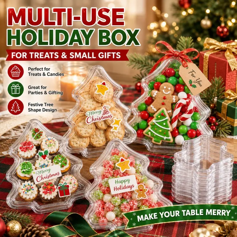 30 piece Christmas tree shaped dessert box (15 box bodies+15 box covers) transparent plastic with lid candy biscuit paper cupcake packaging box, suitable for baking shops, party gifts, Christmas gifts, holiday table decorations and dessert decoration sets