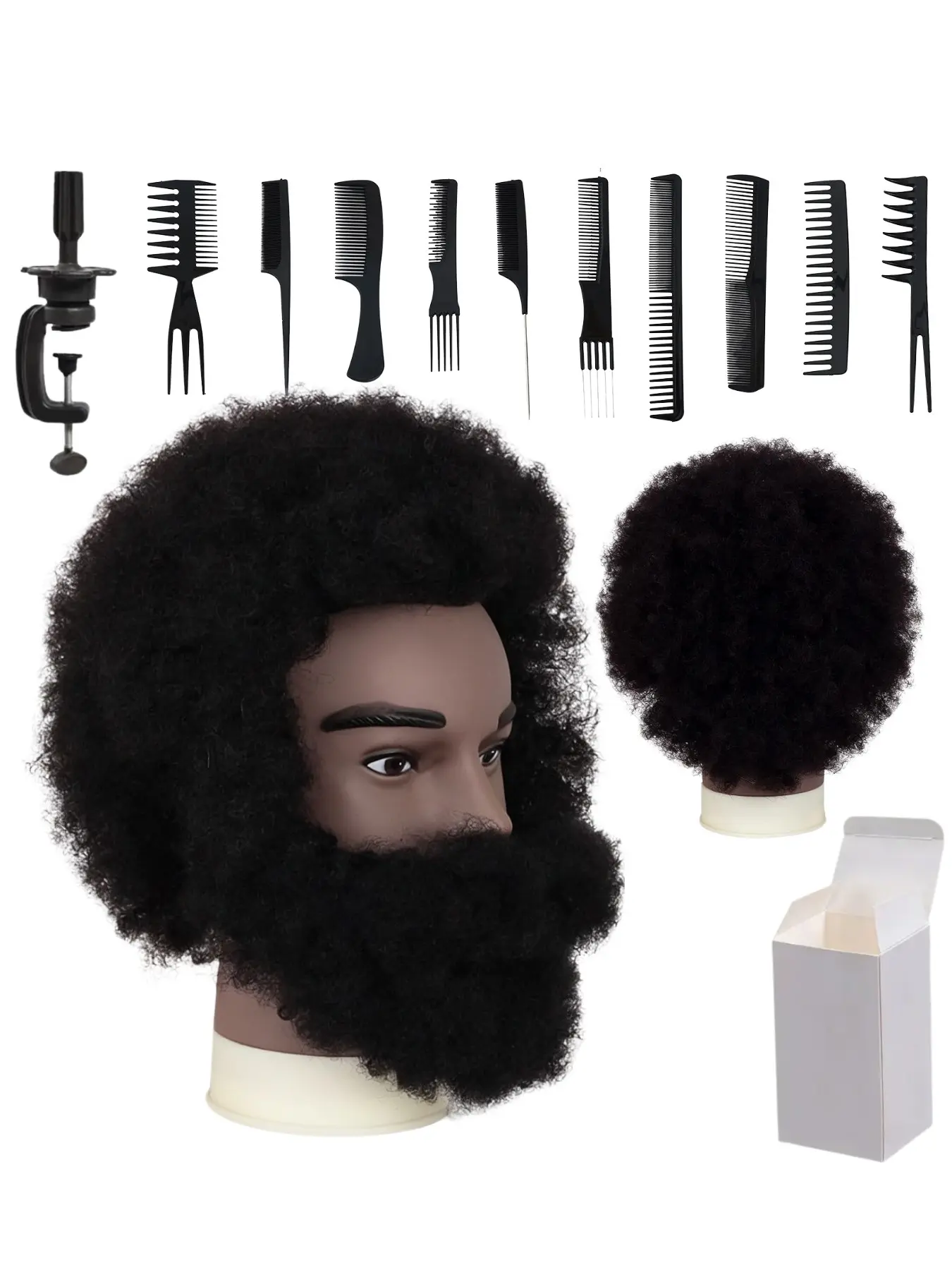 6 Inches Natural Black Kinky Afro Male Mannequin Head With Beard 100% Human Hair Barber Training Head For Practicing Cornrow Braids Twist Styles And Haircuts Includes Table Mount Clamp Full Set Styling Combs And Exquisite Gift Box