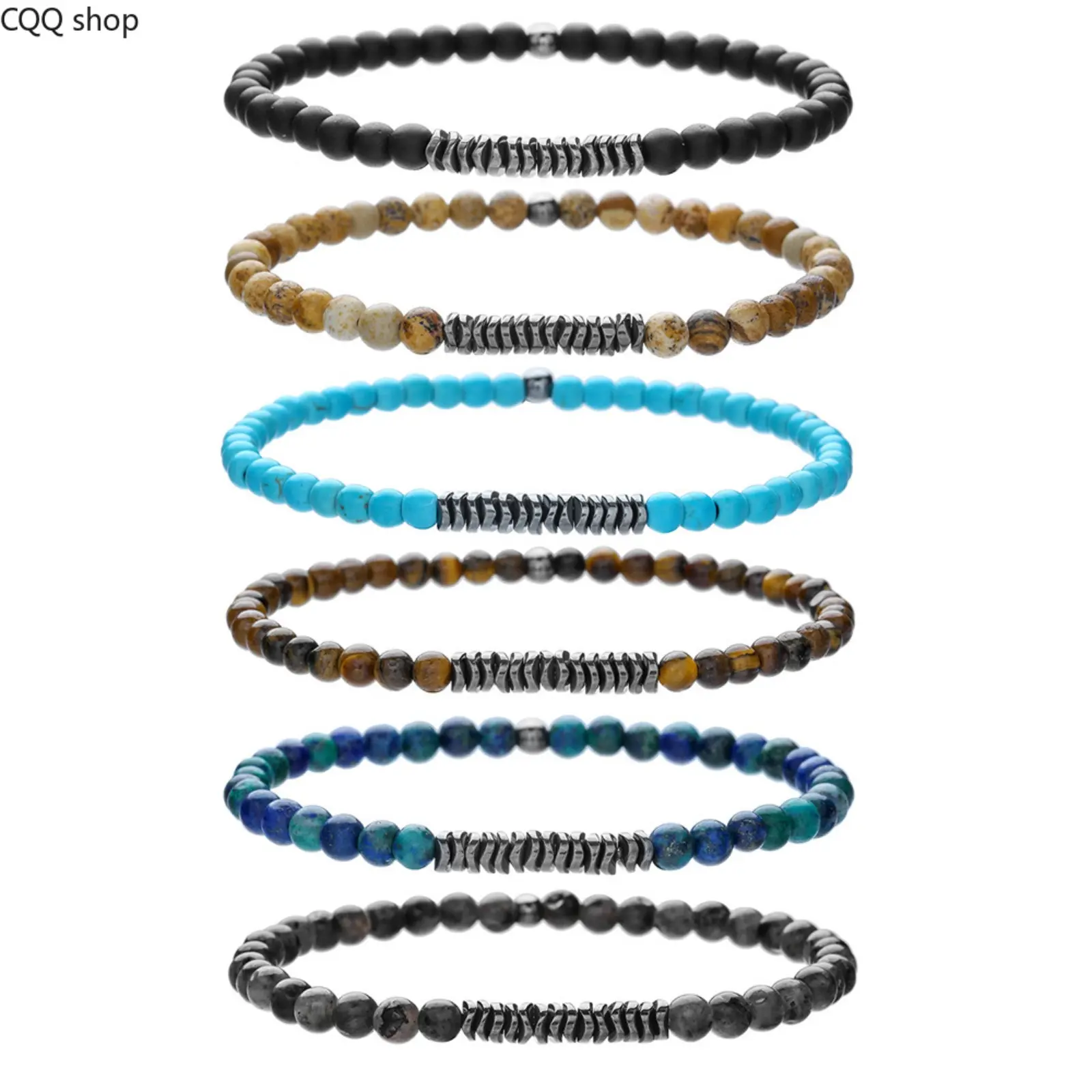 Men’s 4mm Beaded Stretch Wristband - Natural Stone Bracelet with Picture Jasper, Tiger Eye, Hematite - Male Stackable Size Healing Crystal Jewelry, Beaded Pattern Stretch Wear for Daily Sports Use