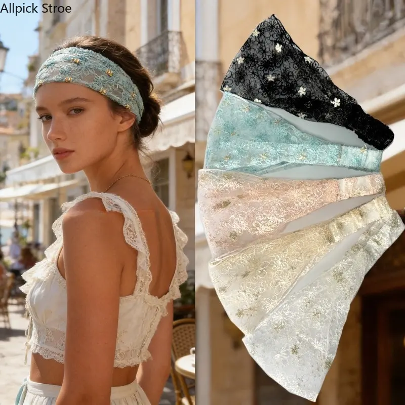 Female 5pc Elastic Lace Boho Floral Embroidered Headband Set, Non-Slip Plastic Hair Accessories, Ideal for Beach & Daily Wear, Elegant Luggage Bag Charm/Twillie Add-Ons