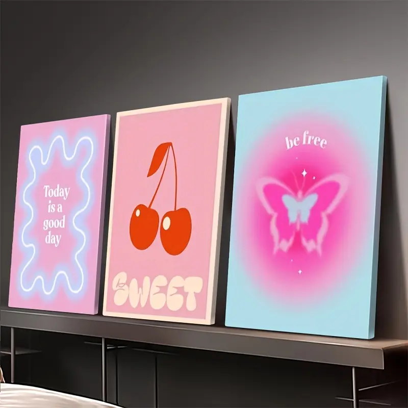 3pcs Pink Gradient Animal Motifs Framed Poster Set Pack - Wood Frame Danish Pastel Cute Wall Art Print, Dormitory & Room Home Decor, Three Pieces