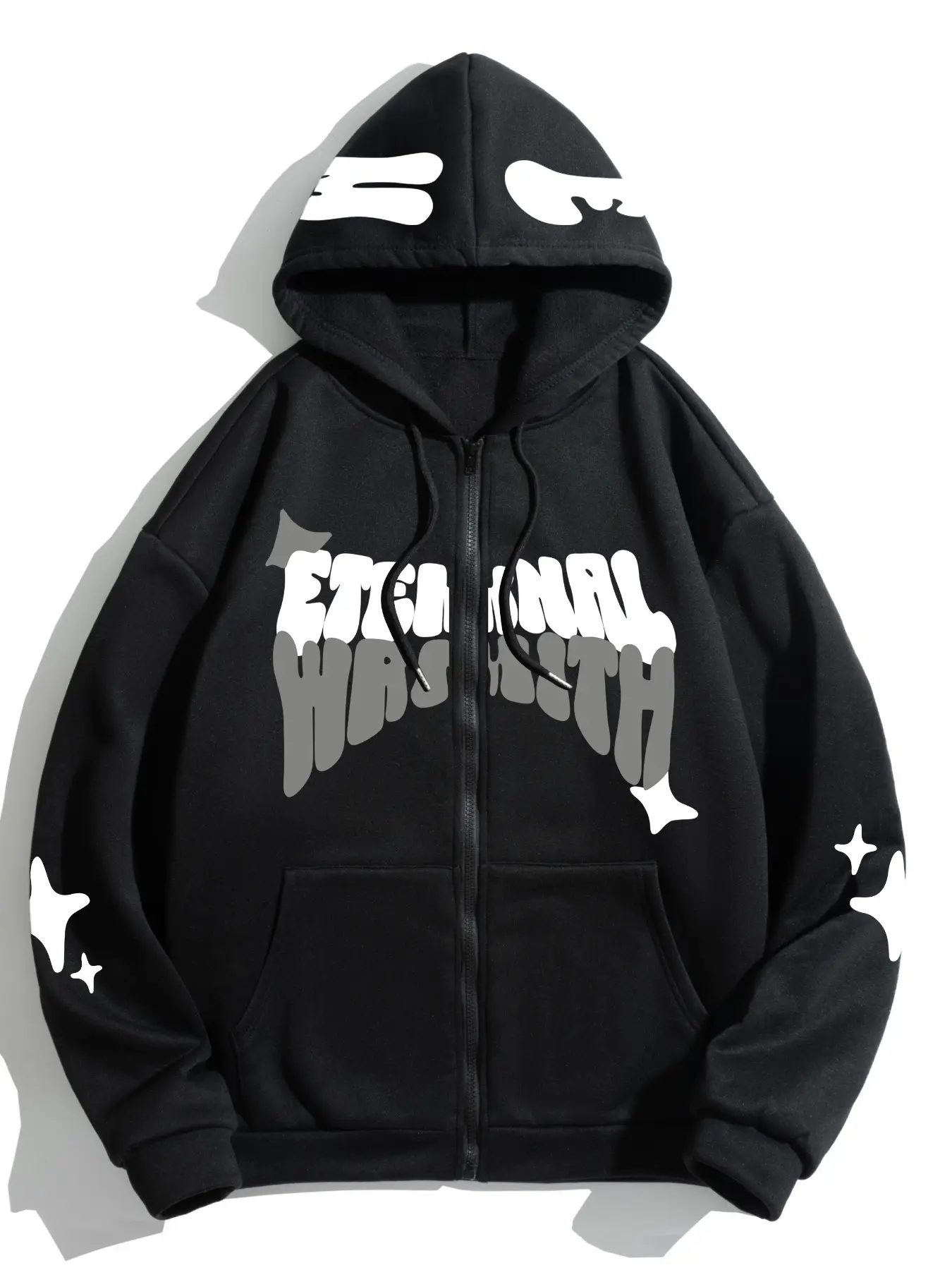 Y2K Grunge Hip Hop Streetwear Zip Hoodie, Unisex Loose Long Sleeve Hooded Sweatshirt, Drippy Gradient Letter & Star Graphic Print Casual Outer Top, Black Full Zip Jacket for Festival Hangout Back To School Daily Outfits