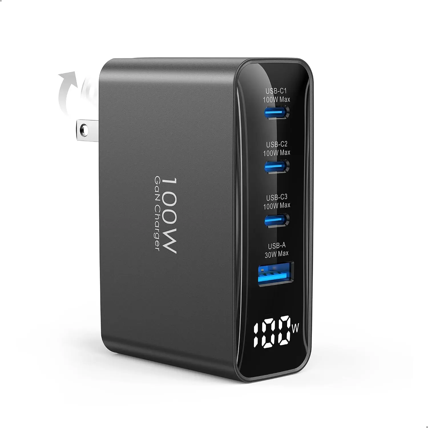 100W USB C Charger for MacBook, 4-Port PD  USBC Charger with LED Display, GaN Compact Foldable  Station for MacBook Pro/Air, iPad Pro, for  17/16 Pro Max, Galaxy S25, Black