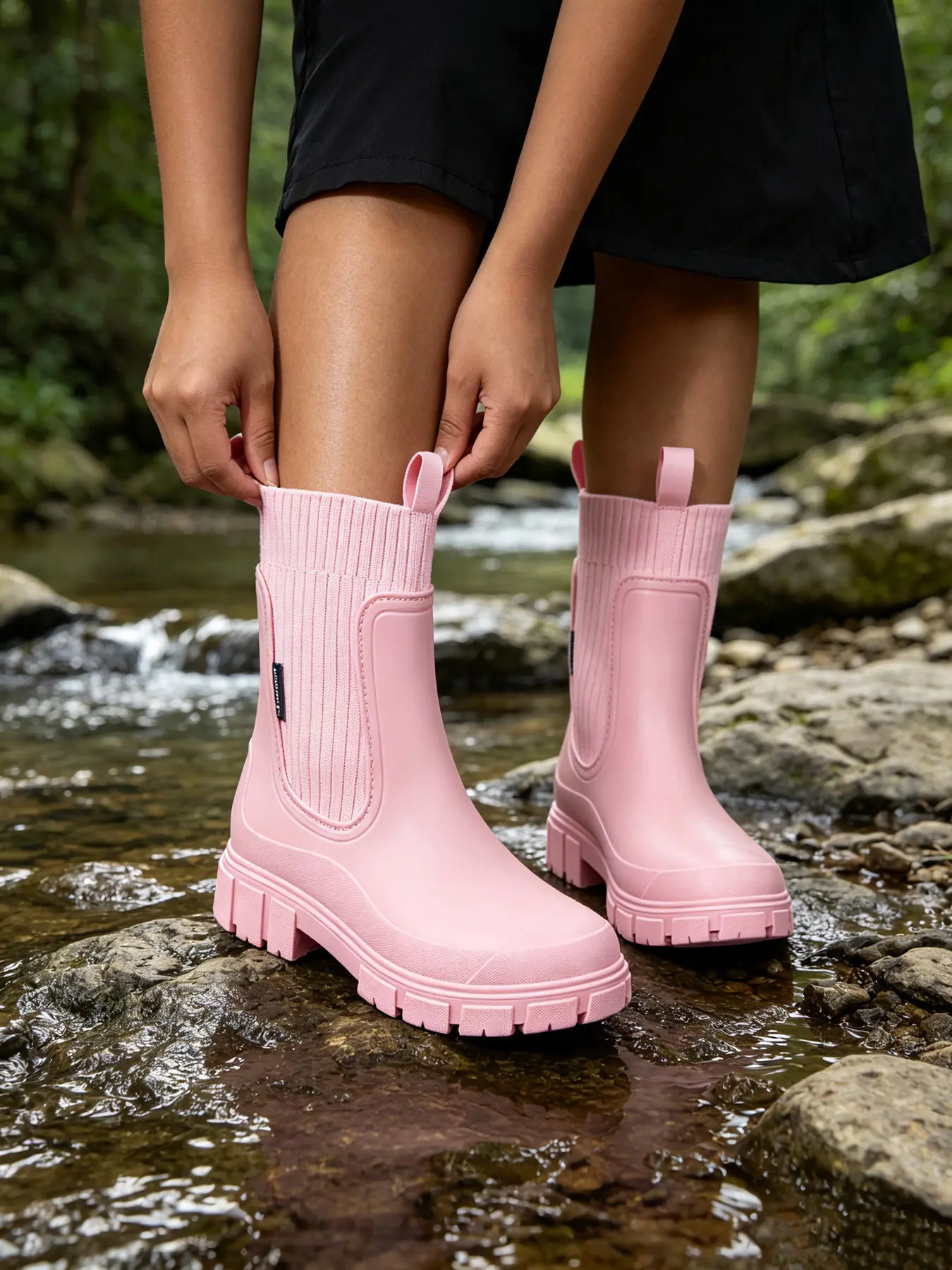2026 New Women's Mid-Calf Rain Boots, Thick Sole Elastic Knit Waterproof Shoes, Anti-Slip Height-Increasing Rain Boots, Sizes 36-43