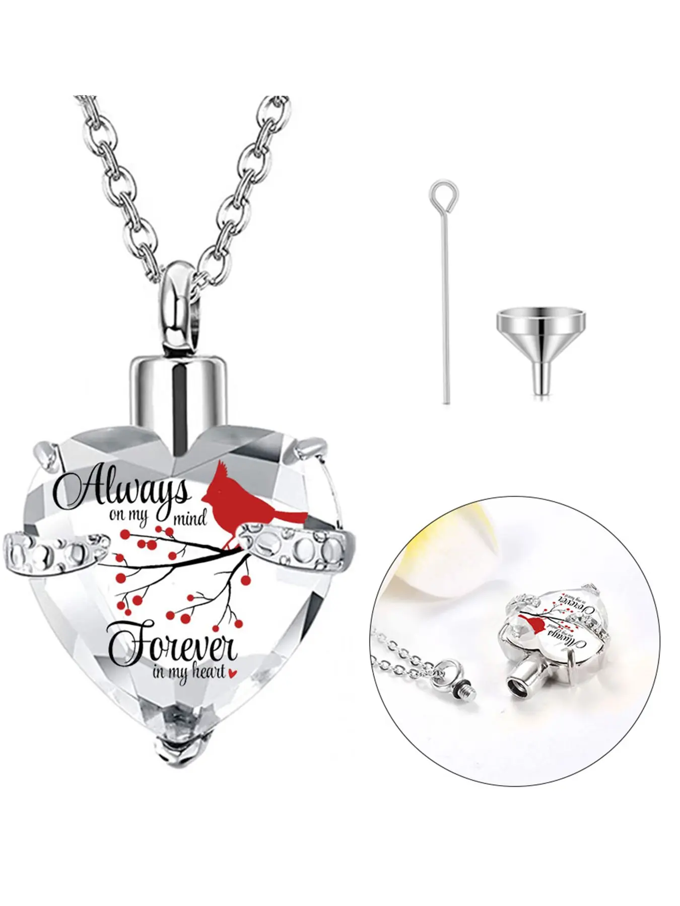 1 Pcs Cremation Jewelry Red Cardinal Urn Necklace for Ashes for Women Always in My Heart Urn Locket Pendant Memorial Jewelry