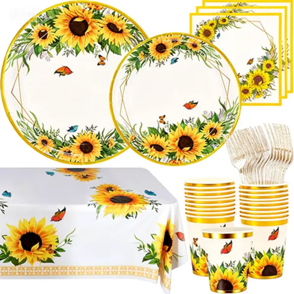 Sunflower Theme Disposable Tableware Bundle - Plates&cups, 24-Pack 7-in Plates, 9-oz Cups, Napkins, Gold Foil Cutlery Set, Food-Grade Paper Supplies, 24 & under, All Over Print, Non-Toxic, No-Glue, Bright Yellow, Guest-Friendly for Bridal Shower, Birthday