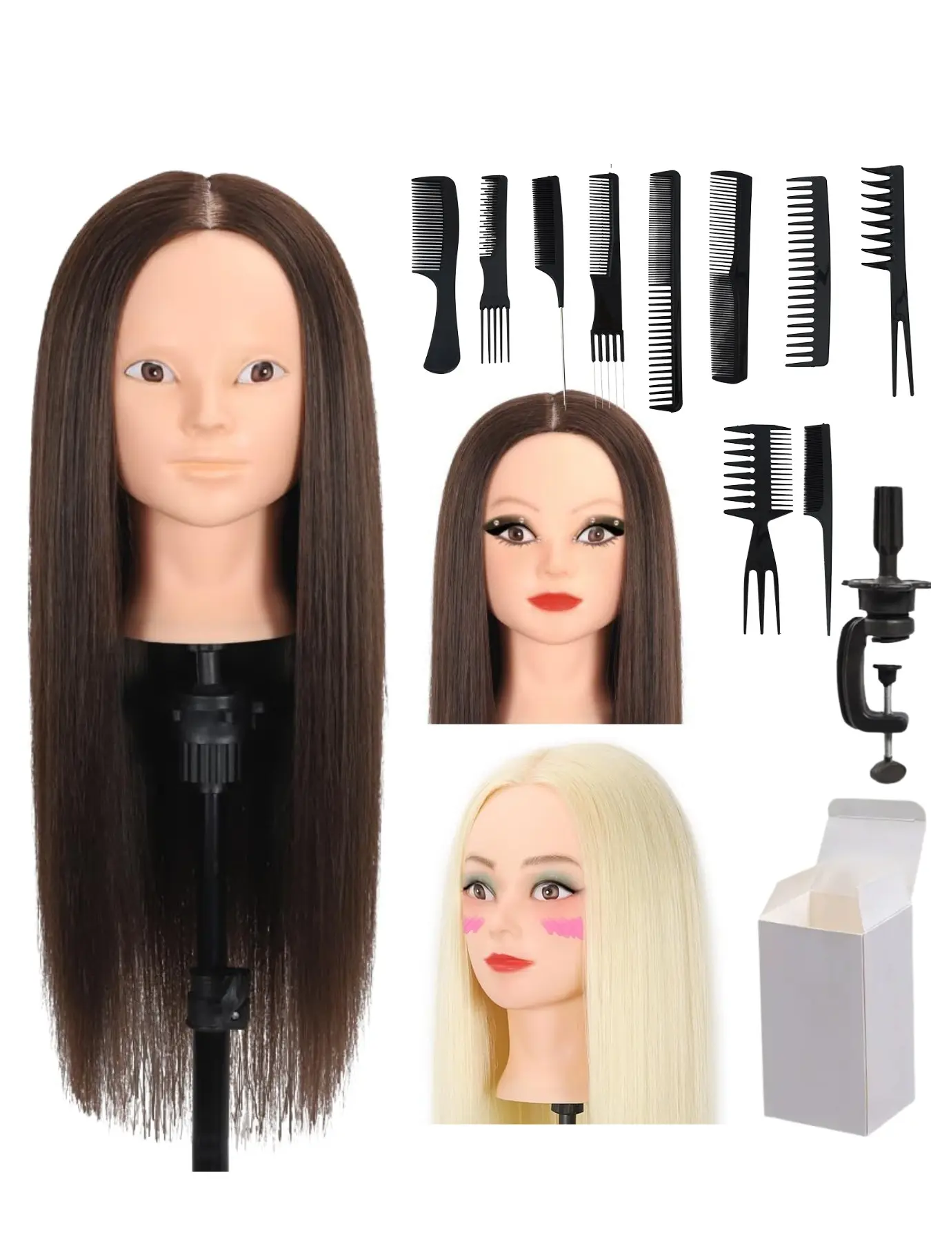 Multi Purpose Mannequin Head 80% Human Mixed High Density Hair No Makeup Design Support Hair Cutting Training And Makeup Practice With Adjustable Stand And Hair Comb Kit For Beginners