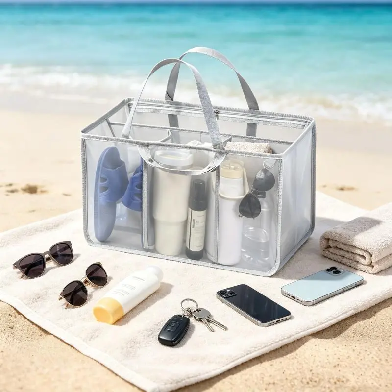 Gray Clear Mesh Beach Bag Organizer Insert Liner, Multi-Pocket Portable Handbag Divider Storage Insert Fit Extra Large EVA Beach Tote Bag, Space Saving Purse Organizer Accessories