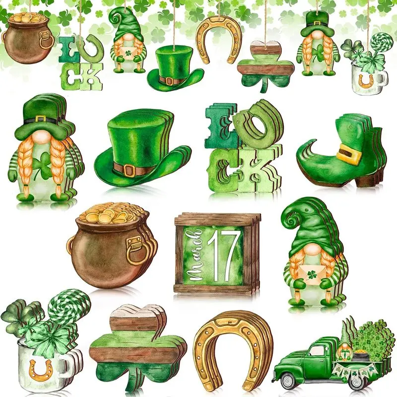 36-Piece Shamrock Theme St. Patrick’s Day Ornament Set - Reusable Wooden Hanging Decorations for Tree Window Hang, Gifts for Indoor Recreation Parties